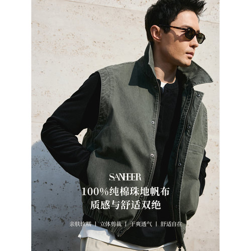 【复古时尚】重磅洗褪纯棉珠帆布 春夏季松紧下摆马甲外套 DAJ413 - 图3