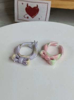 渐变色蝴蝶结戒指梦幻甜美珍珠石塑粘土diy手工戒指原创设计创意