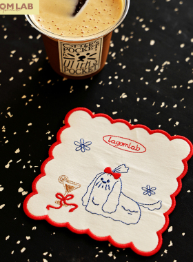 LAGOMLAB手工感小狗下午茶刺绣复古花边杯垫棉质贝壳拍摄道具垫子