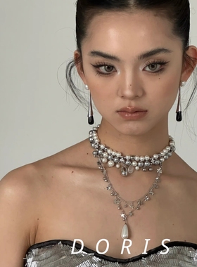 新娘甜酷珍珠多层叠戴星星水滴吊坠项链小众个性设计感气质项链