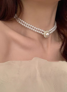 法式复古双层珍珠项链女轻奢小众高级感配饰时尚choker脖子锁骨链