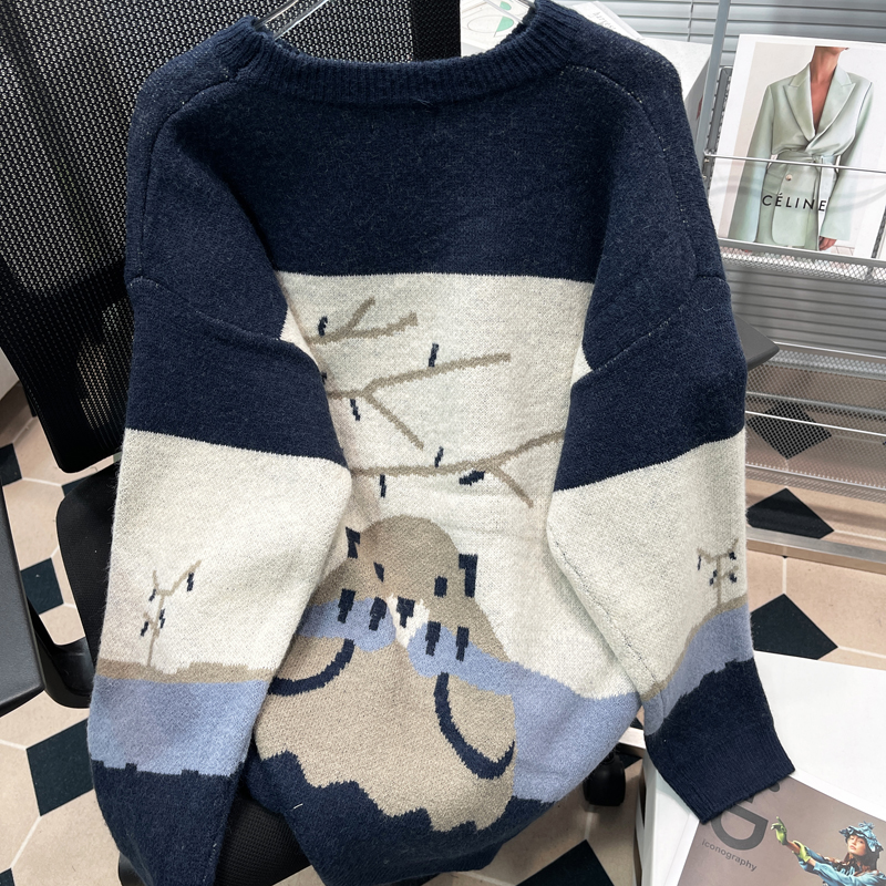 胡子叔大码女装胖mm宽松圆领长袖套头可爱卡通针织衫女休闲服毛衣 - 图0