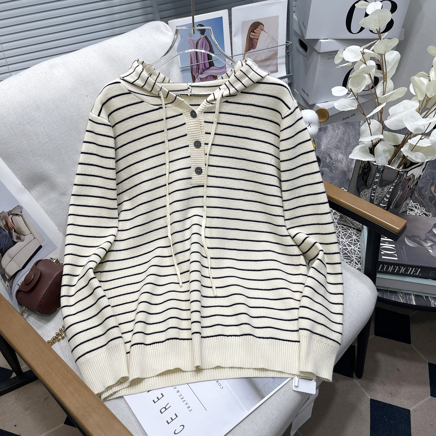胡子叔大码女装秋冬新款韩系学院风毛衣卫衣女胖mm条纹连帽针织衫,淘宝优惠券,粉丝福利购,淘宝优惠卷