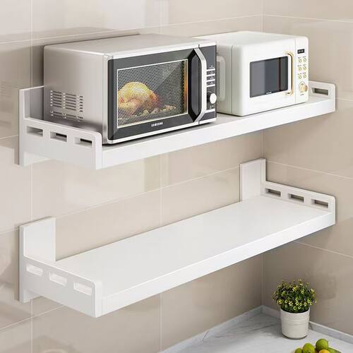 白色厨房微波炉架子置物架壁挂式免打孔上墙支架放烤箱多功能收纳 - 图2