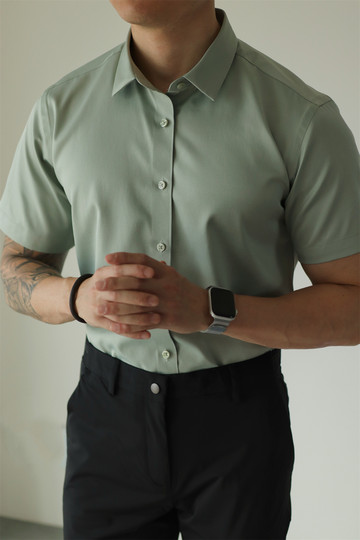 YUXIAN余闲丝绸短袖衬衫抗皱免烫易打理休闲商务纯色男士春夏季