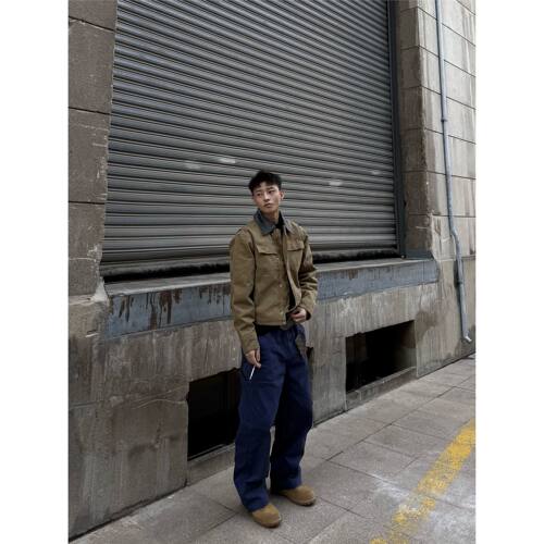 美式复古做旧法工蓝cargo工装裤男宽松直筒阔腿多口袋休闲裤子潮 - 图2