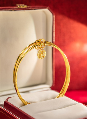 中国风复古金色极简素圈手镯 民族风气质三生三世福字开口手链女