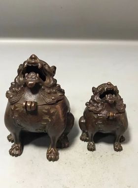 古玩铜器收藏紫铜朝天吼瑞兽香炉貔貅香熏炉复古茶道茶宠桌面摆件