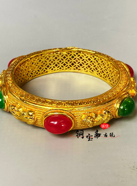 珍藏黄铜镀金貔貅手镯镂空雕花手工镶嵌宝石古法花丝手环精美饰品