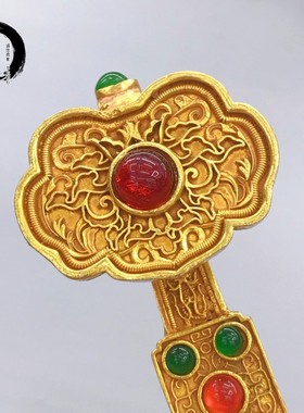 古玩纯铜镀金富贵吉祥铜如意手把件手工镶宝石摆件背包汽车挂饰品