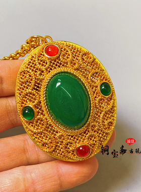 古风纯铜镀金镂空花开富贵金锁压襟锁纯手工镶嵌宝石精美挂件吊坠