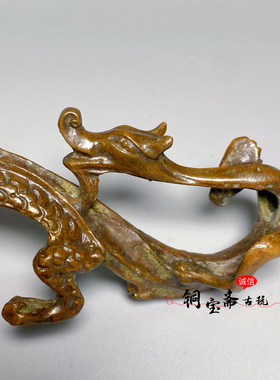 古玩铜器收藏双龙戏珠笔架笔搁文房四宝书法用品创意镇尺压尺摆件