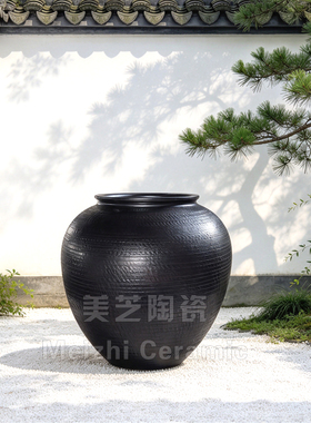黑色大肚子花盆圆缸特大号陶瓷花瓶景德镇陶罐流水坛子落地插花器