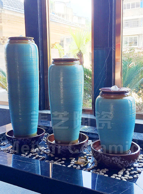 陶瓷流水摆件蓝色水景喷泉加湿器