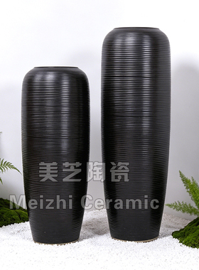 复古插花陶罐落地粗陶黑色大花瓶