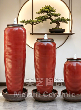 红色流水摆件循环水景花瓶涌泉缸