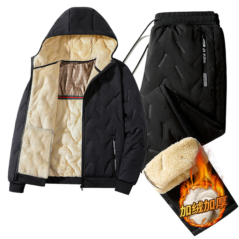 冬季休闲长裤套装男士羊羔绒外套胖子棉衣加绒加厚大码保暖衣棉裤,淘宝优惠券,粉丝福利购,淘宝优惠卷