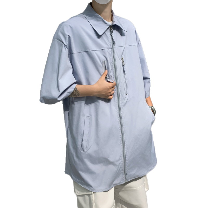 韩版高街拉链垫肩衬衫男生夏季短袖痞帅衬衣宽松美式休闲半袖外套