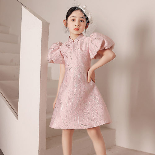 生日钢琴礼服公主裙女大童中国风走秀泡泡袖连衣裙2026花童旗袍裙 - 图1