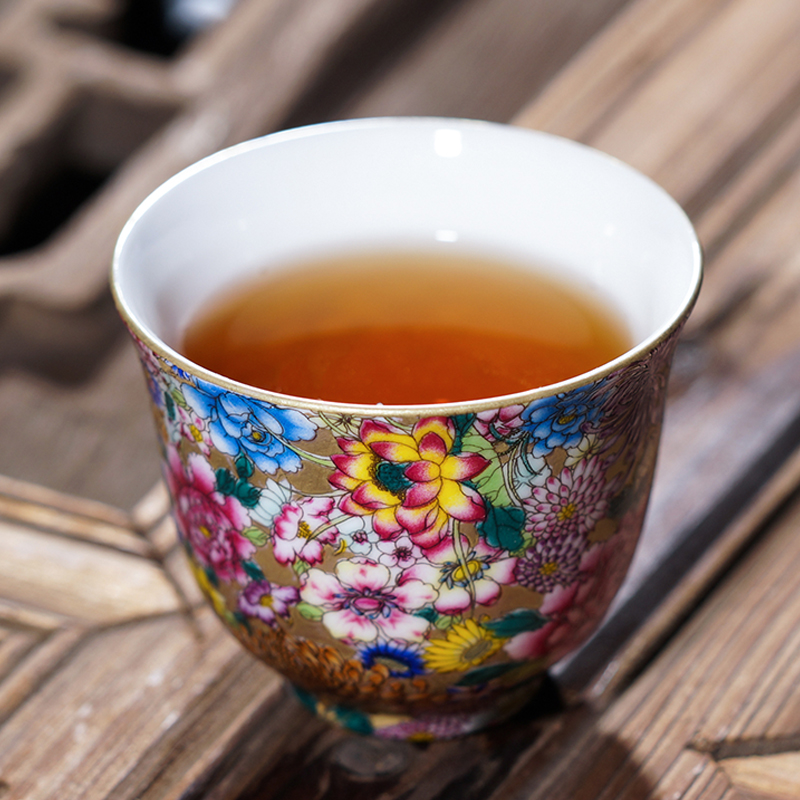 陶瓷茶杯手工珐琅彩万花杯功夫茶具小茶盘品茗杯主人杯茶杯垫茶托