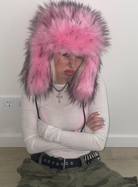 Y2kslut欧美ins个性小众嬉皮时髦辣妹仿貂毛夸张嘻哈毛绒绒雷锋帽