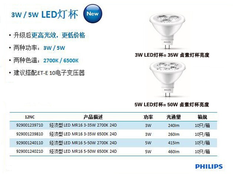 飞利浦LED灯杯12V射灯灯泡节能MR16插脚光源5CM暖白黄光天花灯