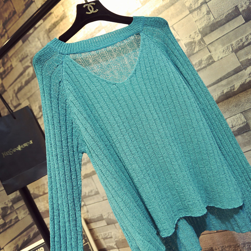 春秋季新款ins前短后长挂脖V领针织衫女喇叭袖上衣慵懒宽松毛衣薄,淘宝优惠券,粉丝福利购,淘宝优惠卷