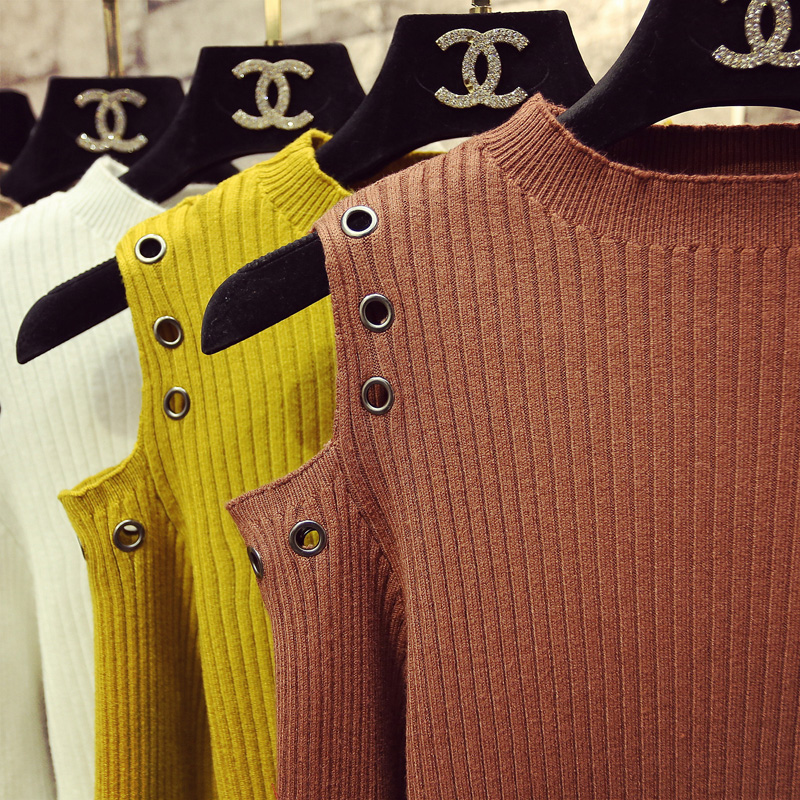 秋冬新款ins洋气露肩针织衫女装套头修身打底衫短款甜辣上衣毛衣 - 图1