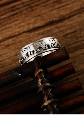 S925纯银饰品手饰泰银简约男士个性转动小象戒指本命年女戒可转动