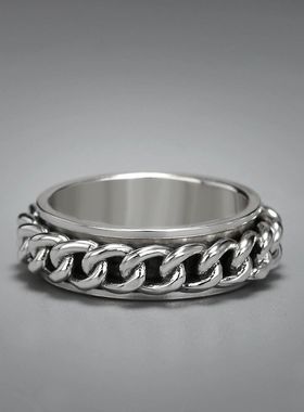 S999银可转动链条麻花戒指个性新潮嘻哈情侣男女士旋转指环复古