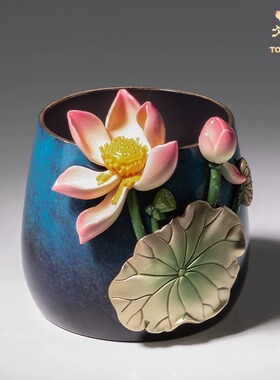 铜师傅荷花笔筒桌面摆件办公室