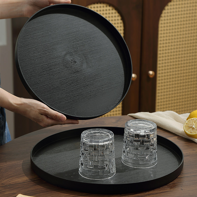 黑色木纹托盘圆形茶水杯托盘咖啡厅甜品蛋糕点心盘塑料防摔餐盘,淘宝优惠券,粉丝福利购,淘宝优惠卷