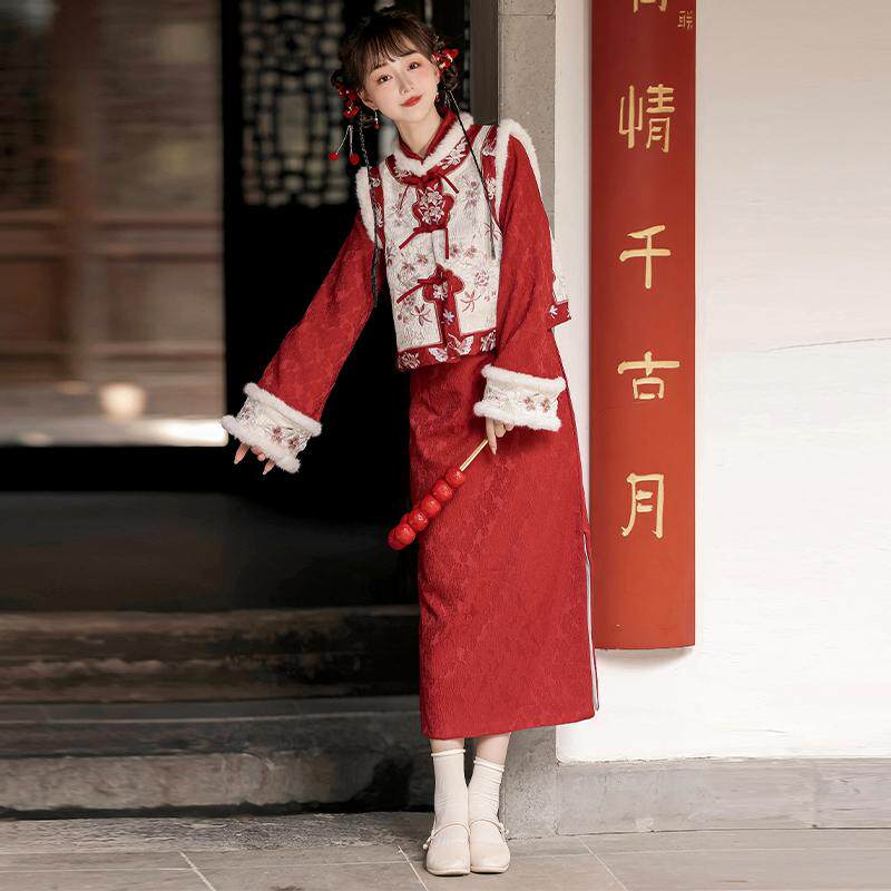 汉青月汉服女新中式拜年服旗袍改良加绒加厚马甲温柔日常秋冬款,淘宝优惠券,粉丝福利购,淘宝优惠卷