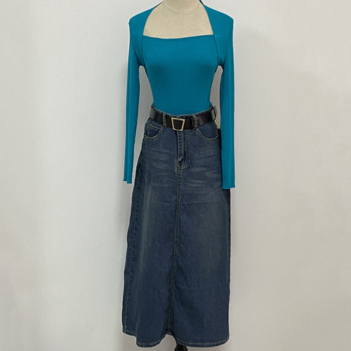 vintage牛仔长裙做旧千禧蹦迪复古女孩中长款牛仔半身裙女秋新款 - 图2