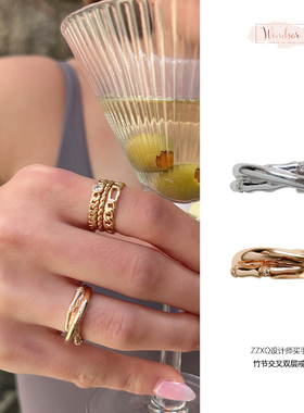 LHWINDSOR 温莎珠宝新款竹节交叉双层金戒指女小众设计师款开口戒