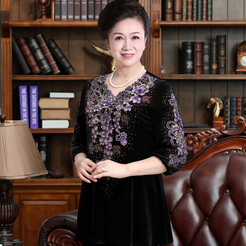 春秋高贵金丝绒紫绣花宽松洋气t恤 一品奴服饰中老年女装