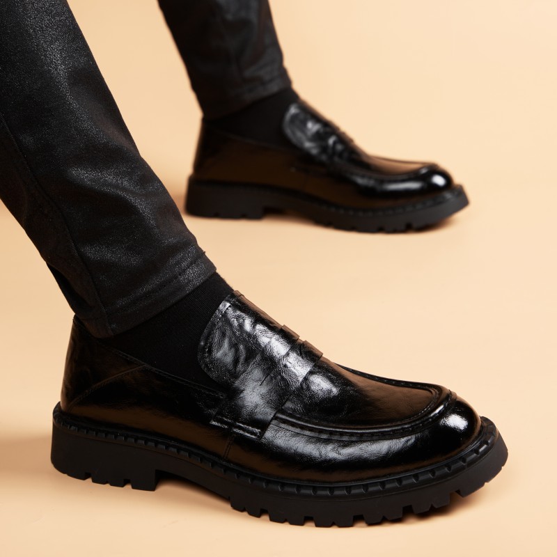 秋季透气英伦真皮套脚乐福鞋男厚底潮流休闲内增高皮鞋韩版豆豆鞋 - 图0