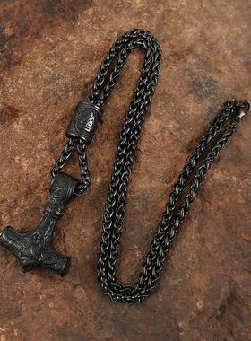 跨境专供男士北欧维京雷神锤吊坠项链黑色项链嘻哈男士饰品批发