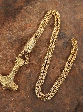 跨境欧美男士北欧维京雷神锤吊坠项链金色项链嘻哈男士饰品批发