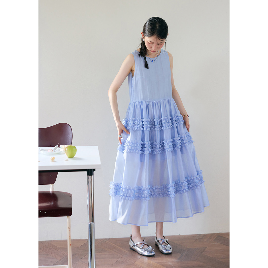 BLUEerror 多层花边纱感蓝色圆领背心连衣裙女长款无袖花苞长裙夏,淘宝优惠券,粉丝福利购,淘宝优惠卷