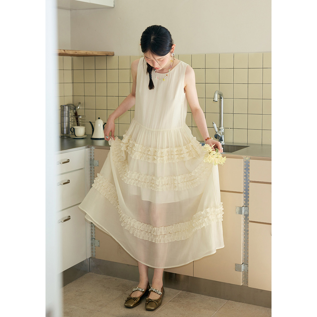 BLUEerror 多层花边纱感蓝色圆领背心连衣裙女长款无袖花苞长裙夏,淘宝优惠券,粉丝福利购,淘宝优惠卷