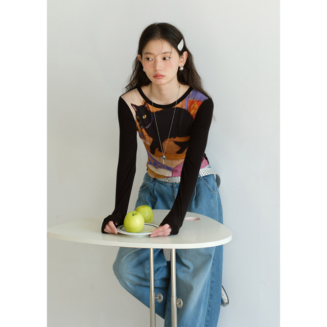ເສື້ອຍືດແຂນຍາວ BLUEerror cat print slim