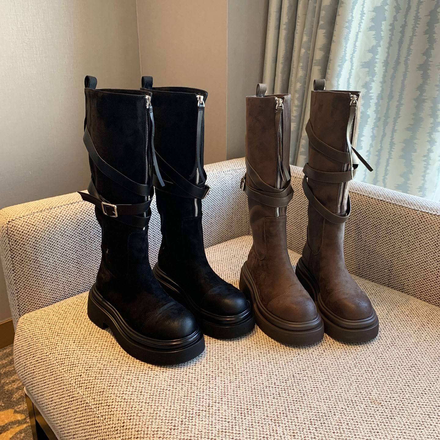 【TFM】欧美时尚皮带扣复古前拉链厚底高筒靴子女加绒长靴骑士靴,淘宝优惠券,粉丝福利购,淘宝优惠卷
