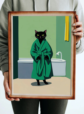 可爱浴袍黑猫海报 黑色猫咪浴室客厅房间小清新艺术家居装饰墙画