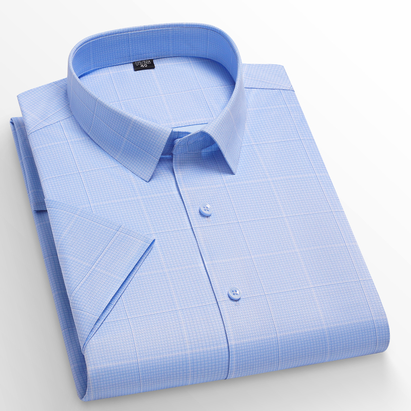 夏季薄款蓝色条纹格子短袖衬衫男中年高级休闲商务免烫抗皱衬衣 - 图1