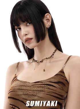 SUMIYAKI 复古松弛感雅丹风串珠虎眼石芒星项链流苏设计感毛衣链