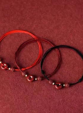 本命年朱砂平安扣编织脚链女可调节红绳手链复古简约性感脚踝装饰