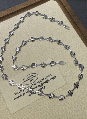 S925银镀白金复古8字猪鼻扁形粗款项链小众个性嘻哈DIY半珠半链