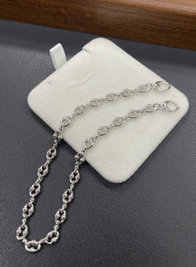 S925银镀铑白金双珠旦圈双扣延长链 半珠半链百搭珍珠加长链