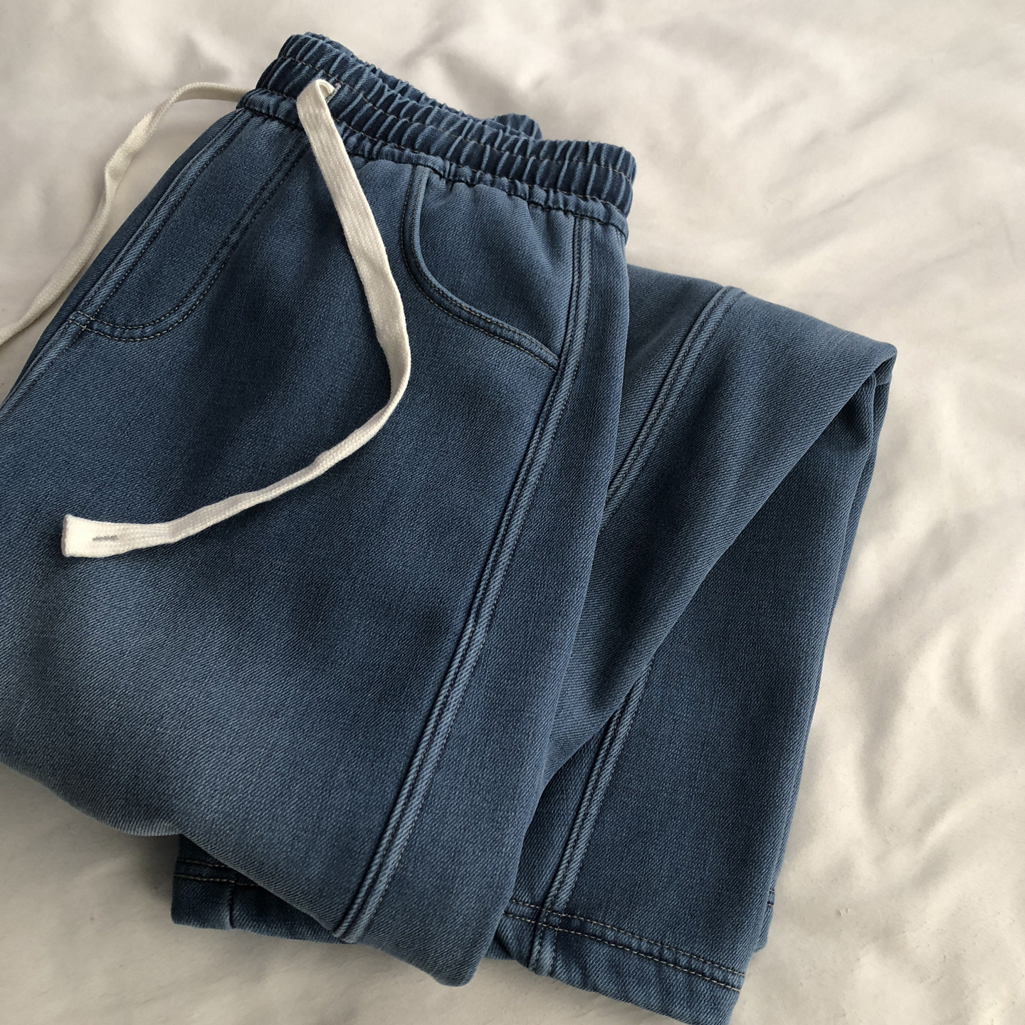 莱赛尔 水洗BF牛仔蓝加绒加厚弯刀阔腿裤复古立体拼接直筒休闲裤,淘宝优惠券,粉丝福利购,淘宝优惠卷